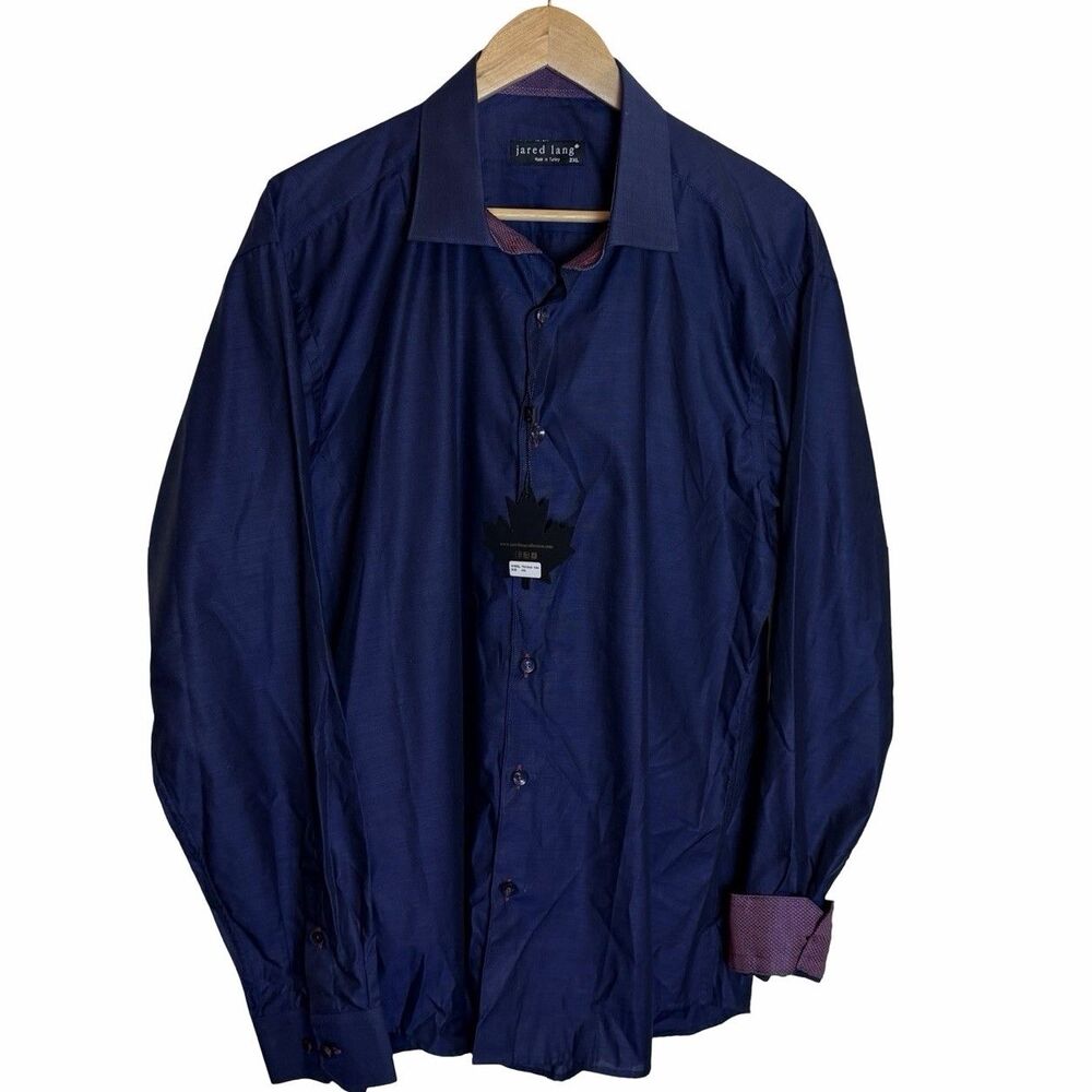 Jared Lang Shirt Men's Size 2XL Navy Blue Button Up Reversible Cuff Long Sleeve